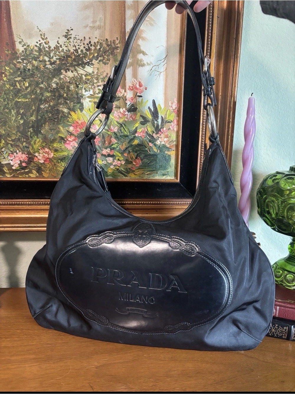 Prada Black Nylon Hobo with Leather Logo Plaque